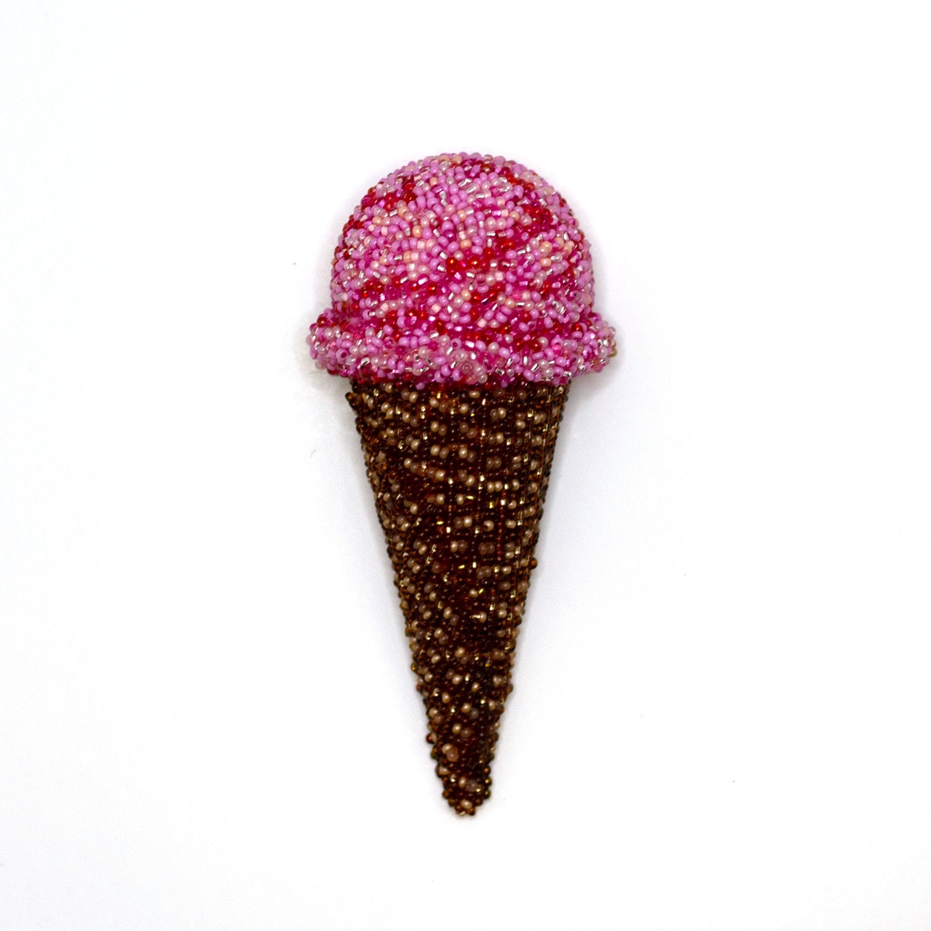 Handmade beaded ice cream cone brooch on a white background.