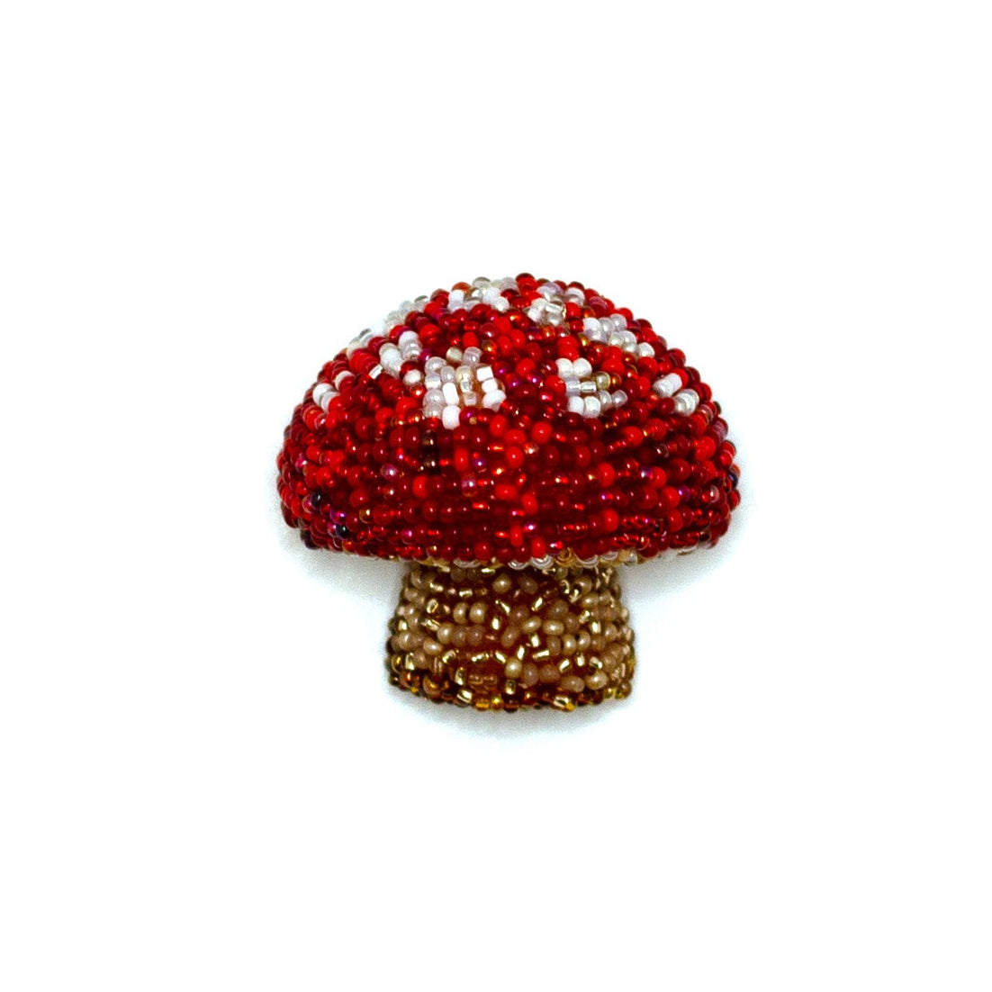Handmade beaded mushroom brooch shown on a white background.