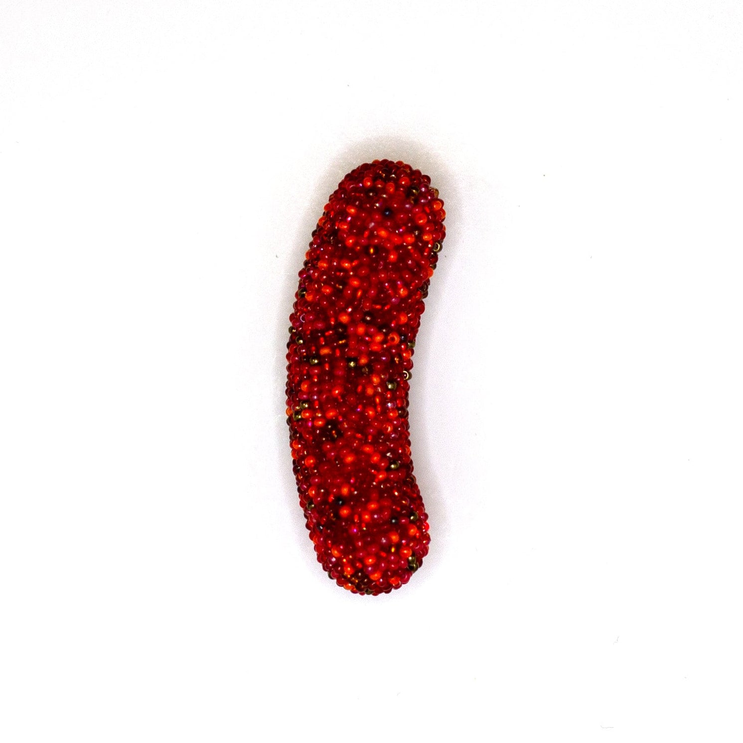 Handmade beaded hot dog brooch shown on a white background.
