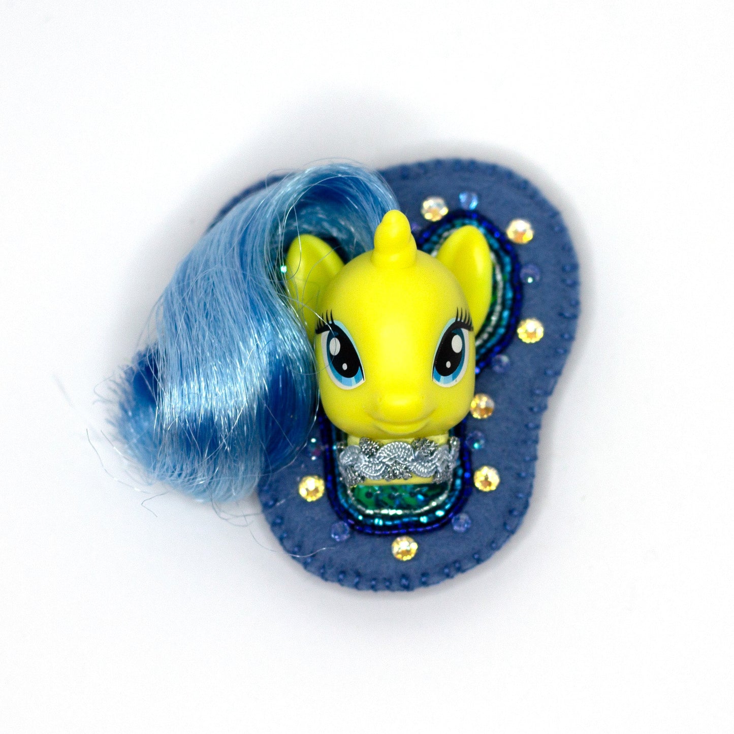 Handmade beaded brooch featuring Lemony Gem My Little Pony shown on a white background.