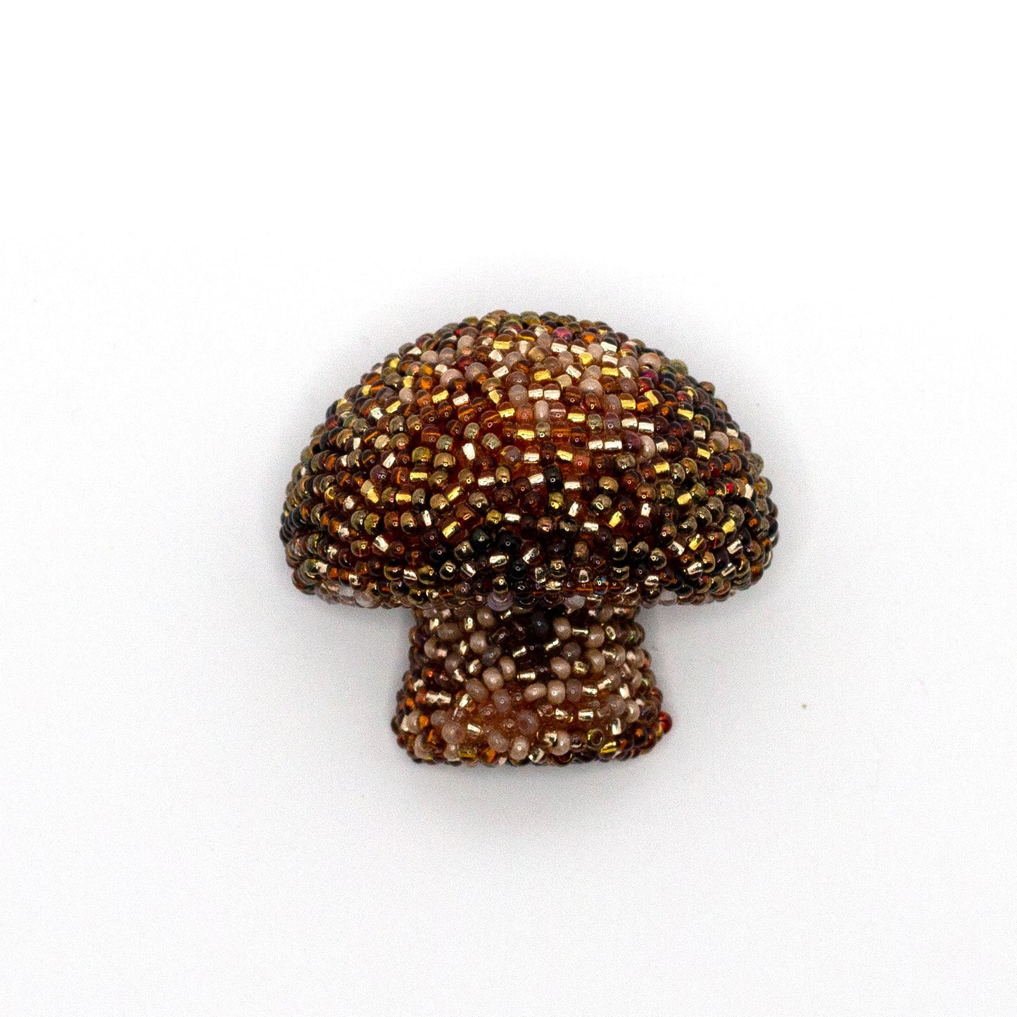 Handmade beaded brown mushroom brooch shown on a white background.