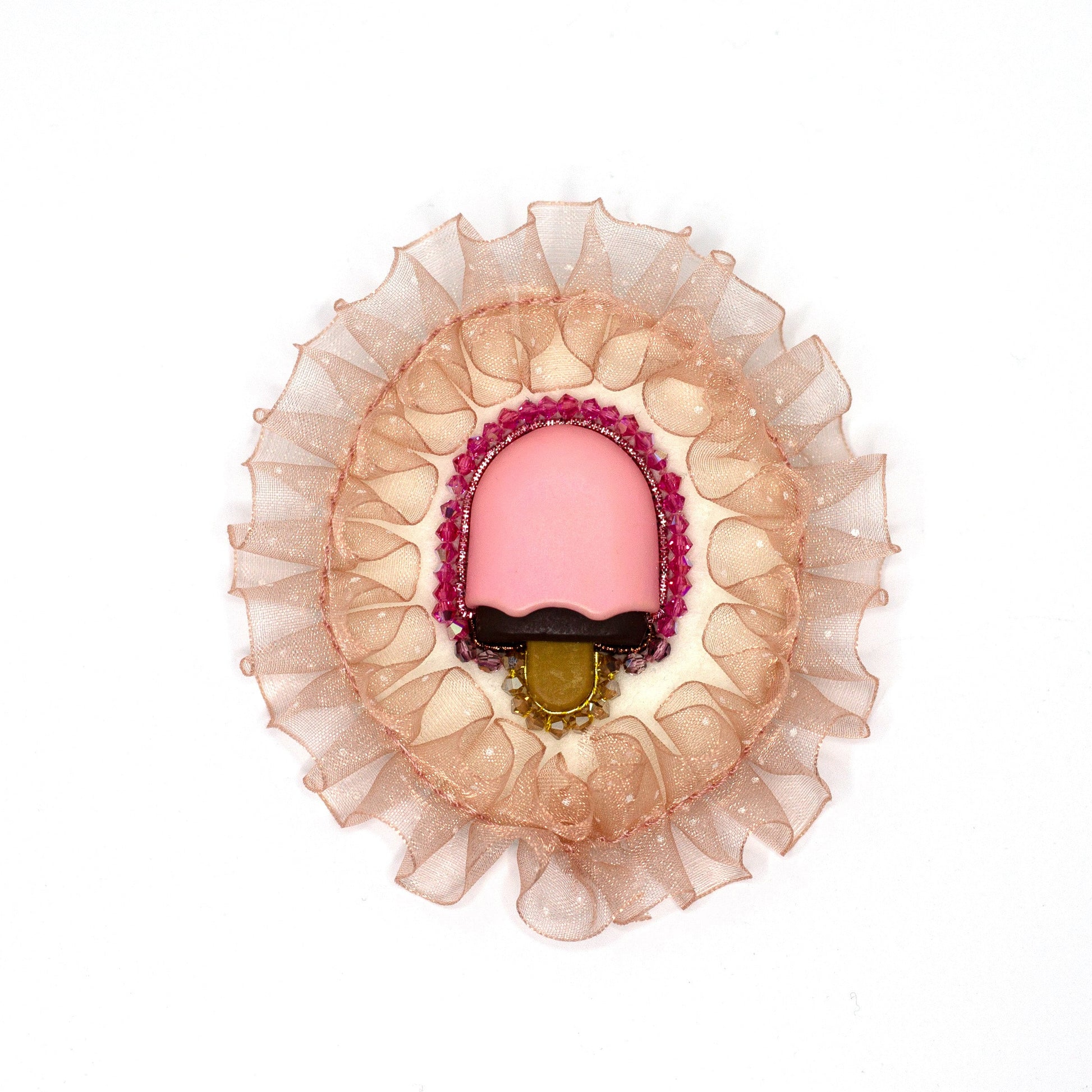 Handmade brooch featuring a popsicle and crystal beads shown on a white background.