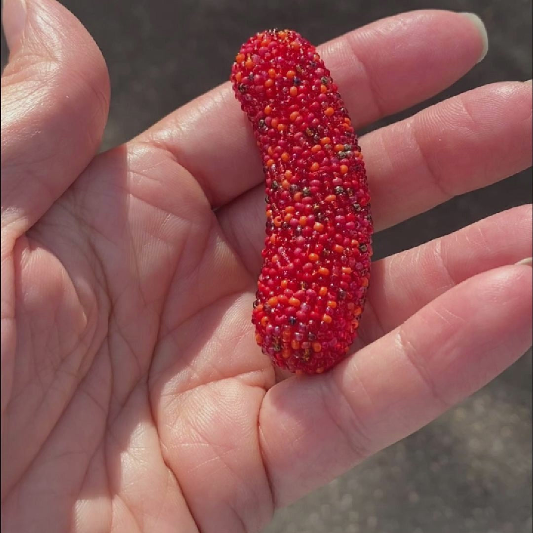 Video of a hand holding a hot dog brooch taken outside to show off the sparkle.