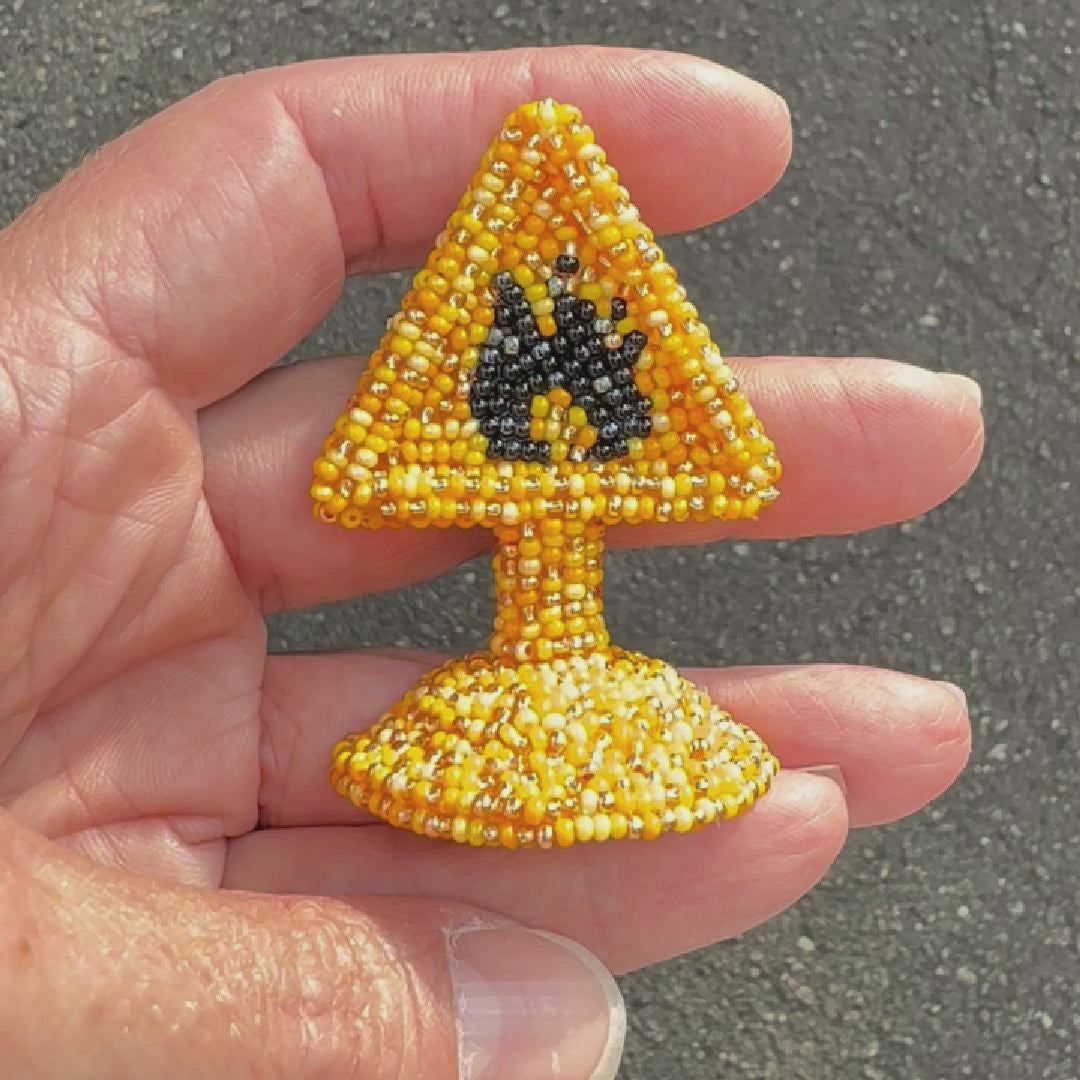 Video showing a highly flammable warning sign brooch shot outdoors to show off the sparkle.
