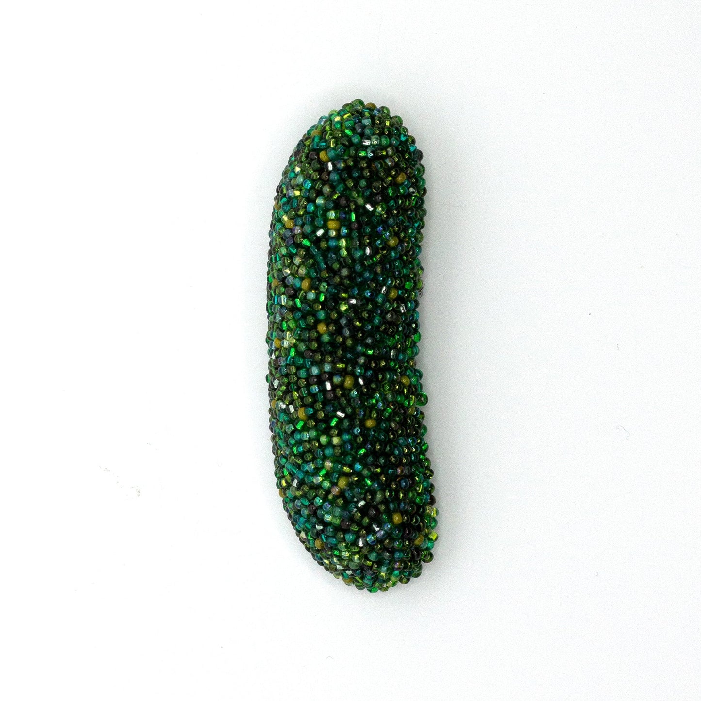 Handmade beaded pickle brooch shown on a white background.