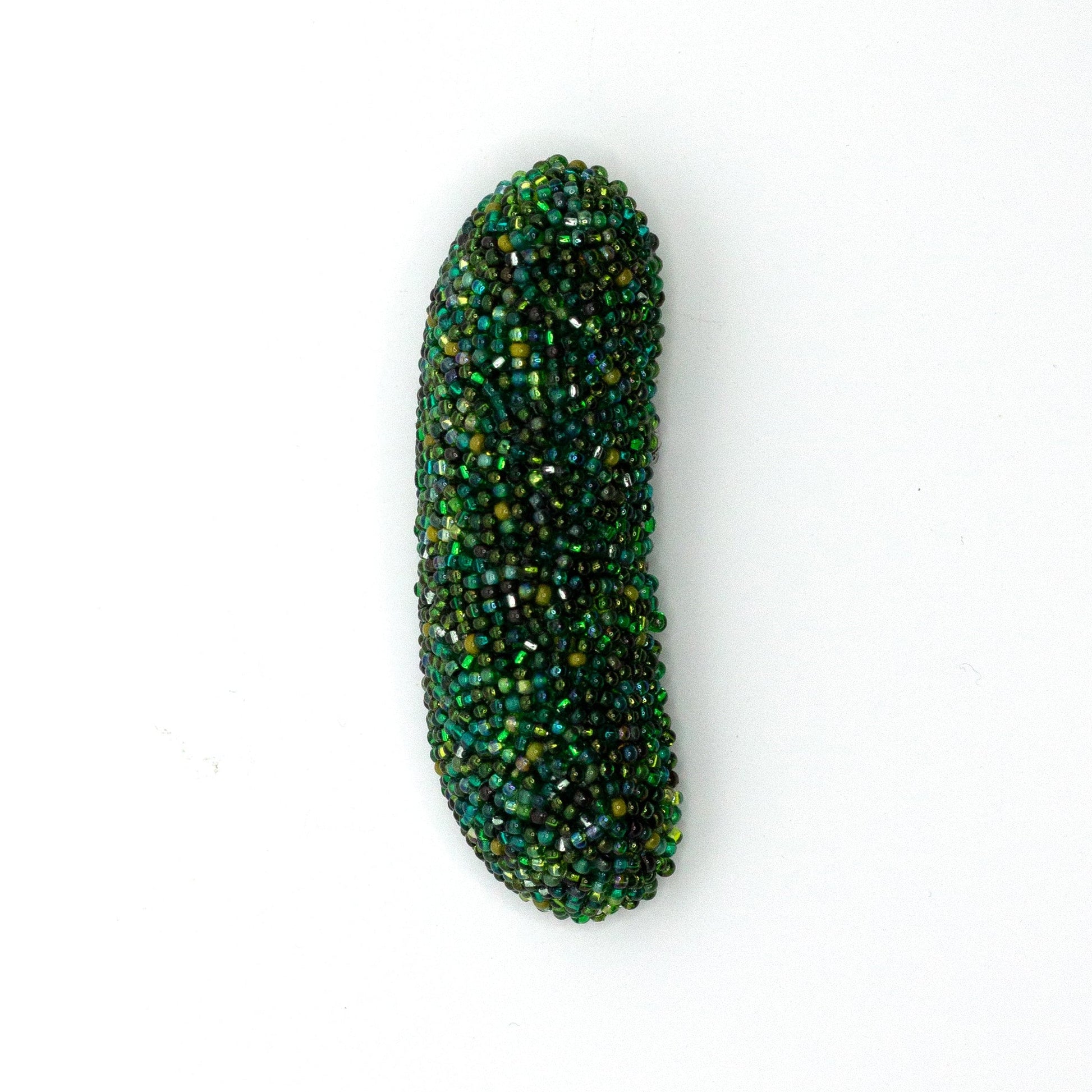 Handmade beaded pickle brooch shown on a white background.